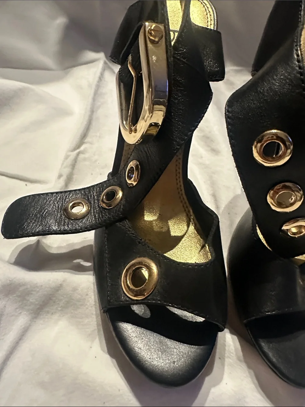 bebe Black Leather Open-Toe Grommet Slingback Heels
